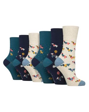 Gentle Grip 6 Paar Damen Non Elastische Baumwollreiche Socken Mit Wildtiere Hunden Katzen-Muster - Blau