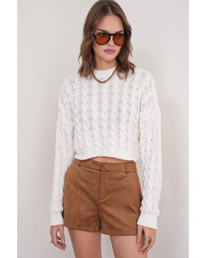MixRay Cable Knit Muster Rundhals Pullover - Weiß