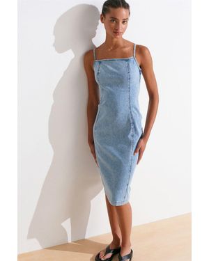 Dilvin Figurbetontes Midi-Denimkleid Mit Quadratischem Ausschnitt - Blau