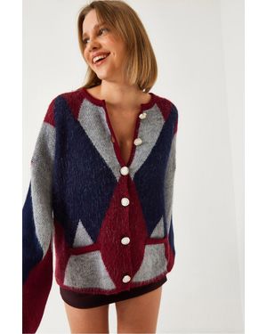 Bianco Lucci Knopfgeknöpfter Geometrischer Muster-Cardigan - Blau