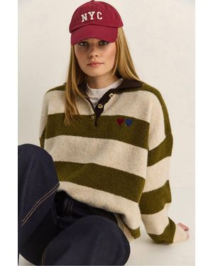 Bianco Lucci Übergroßer Gestreifter Polo-Kragen-Pullover Mit Stickerei - Mehrfarbig
