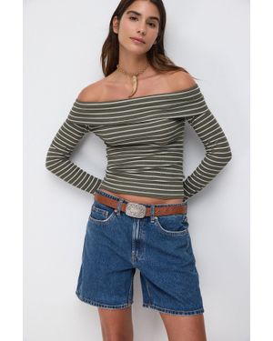 No Matter What Gestreifte Körperbetonte Bluse Mit Offenen Schultern - Blau