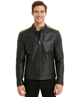 Infinity Leather Schwarze Gesteppte Bikerjacke Aus Leder Für Herren Mit Gelben Streifen – Rider