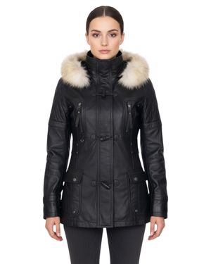 Infinity Leather Damen-Parka Mit Steppung Und Pelzkapuze, Lammleder – Duchess - Schwarz