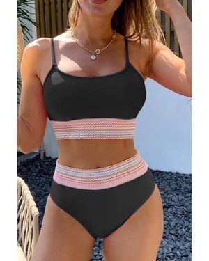 Azura Exchange Schwarzer Gestreifter Patchwork-Spaghetti-Träger Hochbund-Bikini Badeanzug