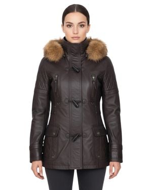Infinity Leather Damen-Parka Mit Steppung Und Pelzkapuze Aus Braunem Lammleder – Duchess - Schwarz