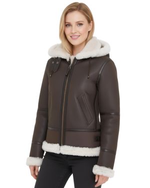 Infinity Leather Damen Creck Braune Schaffell-Fliegerjacke Mit Kapuze - Schwarz