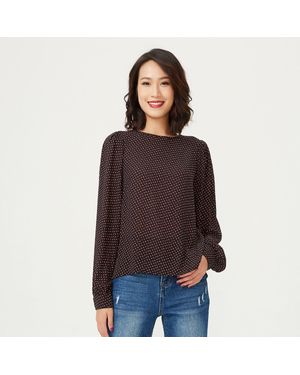S&J Weekends Bluse Mit Rundhalsausschnitt Und Quadratischen Minidrucken - Braun