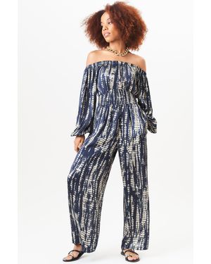 Gini London Marineblauer Bardot Geraffter Body Mit Weitem Bein Jumpsuit