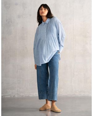 Seraphine Pintuck Ticking-Stripe Maternity Shirt - Blue