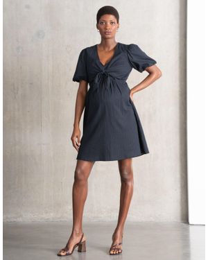 Seraphine Striped Bow Detail Textured Maternity + Nursing Dress - Blue
