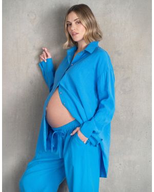 Seraphine Linen Button-Down Maternity-To-Nursing Shirt - Blue