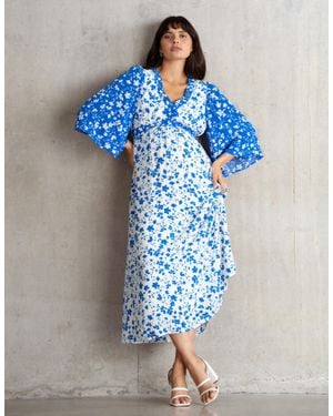 Seraphine Contrast Print Midi Maternity + Nursing Dress - Blue