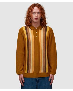 Beams Plus Stripe Long Sleeve Polo Shirt - Brown