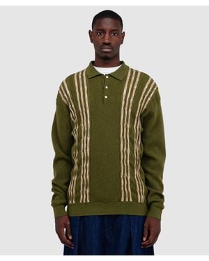 Beams Plus Knit Polo Born Stripe 14G Shirt - Green