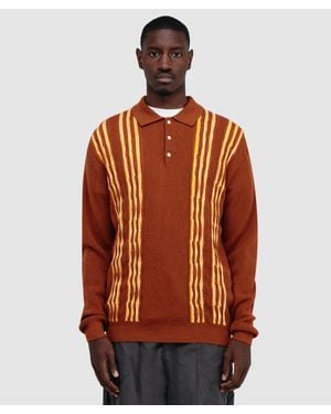 Beams Plus Knit Polo Born Stripe 14G Shirt - Brown