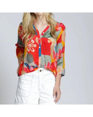 Apny 3/4 Sleeve Mandarin Collar Button Blouse - Red