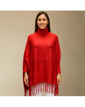 TRUEDAMES Cozy Turtleneck Fringe Hem Poncho - Red