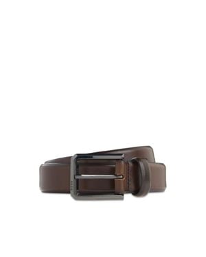 BOSS Smooth Leather Belt With Engraved Gunmetal Buckle - Brown