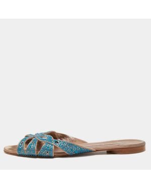 Gina Crystal Embellished Satin Flat Slides - Blue