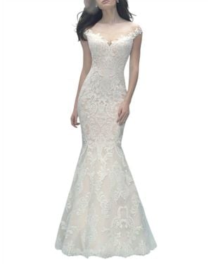 Allure Bridals Off-Shoulder Lace Gown With Detachable Tulle Train - White