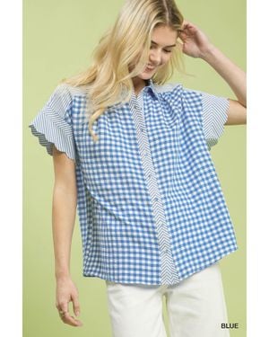 TRUEDAMES Mixed Gingham Short Sleeve Shirt - Blue