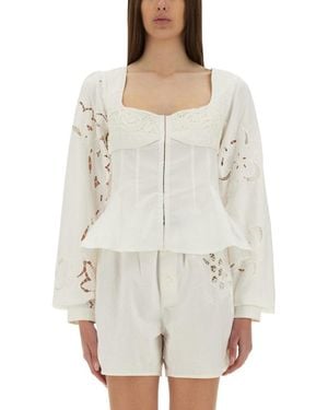 Marine Serre Fitted Top With Square Neckline And Floral Embroidery - White