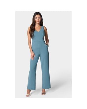 Bebe Scuba Crepe V-Neck Jumpsuit - Blue