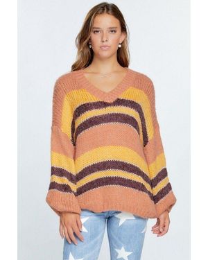 TRUEDAMES V-Neck Cozy Thick Knit Stripe Pullover Sweater - Orange