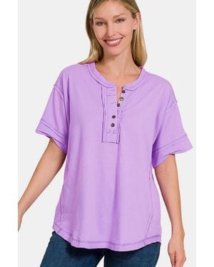 TRUEDAMES Exposed Seam Half Button Short Sleeve Top - Purple