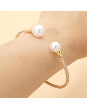 Fashnzfab Stainless Steel Pearl Tip Braided Cuff Bracelet - Natural