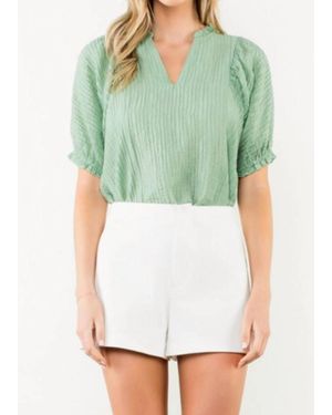Thml Crinkled Split Neck Puff Sleeve Top - Green