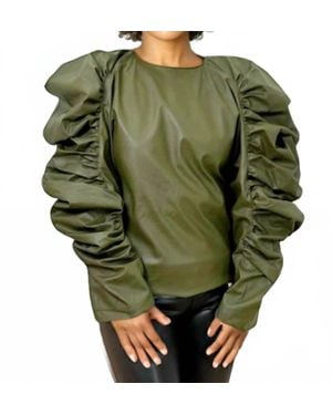 N by Nancy Faux Leather Ruffle Sleeve Top - Green