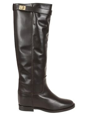 Via Roma 15 Leather Boots With Hook-And-Eye Strap - Black