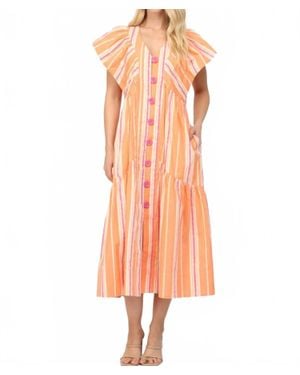Fate Stripe V-Neck Midi Dress With Swirl Button - Pink