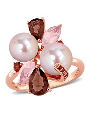 Mimi & Max 7Mm Cultured Freshwater Pearl Smokey Quartz Rose Quartz Garnet Ring Rose