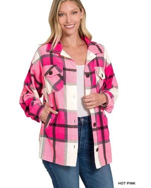 TRUEDAMES Oversized Plaid Fleece Shacket - Pink