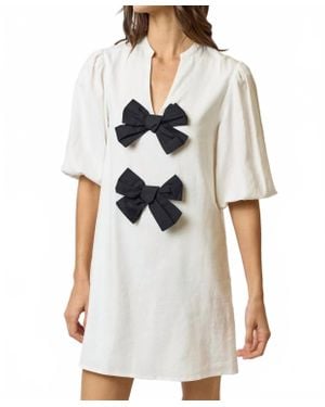 Lalavon Dual Bow Linen Shift Dress - White