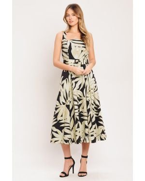 TRUEDAMES Mono Leaf Statement Woven Midi Dress - White