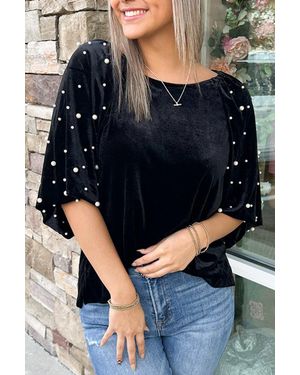 TRUEDAMES Pearl Beaded Half Sleeve Velvet Top - Blue