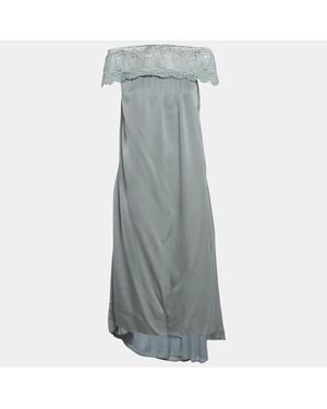 Self-Portrait Lace Trim Crepe Off-Shoulder Long Dress - Gray