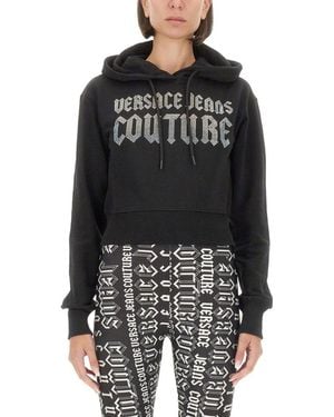 Versace Jeans Couture Cropped Sweatshirt With Hood And Logo Detail - Black