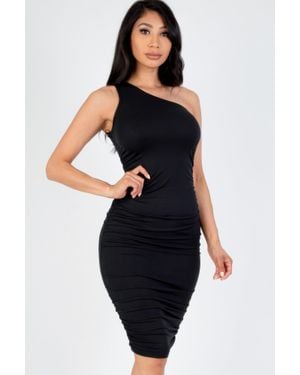 TRUEDAMES Sexy Solid Color Ruched One Shoulder Midi Bodycon Dress - Black
