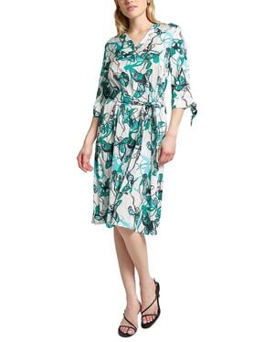 Ming Wang Printed Charmeuse Tie-Sleeve A-Line Dress - Blue