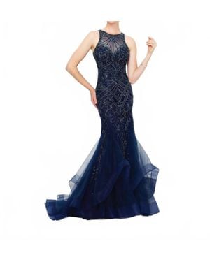 Ivonne D Sleeveless Tulle Over Jersey Gown - Blue