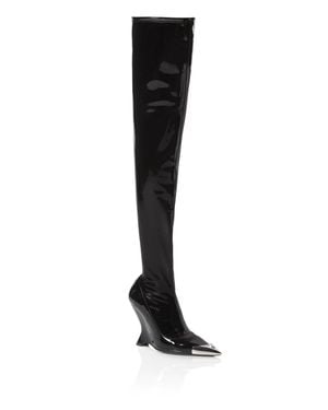Philipp Plein Latex Boots Low Heels Overknee - Black