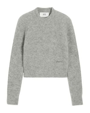 Ami Paris Cropped Sweater With Ribbed Hem - Gray