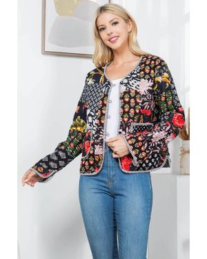 La Soula Floral Print Quilted Patch Cotton Jacket - Black