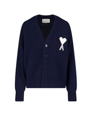 Ami Paris Ami De Coeur Wool Cardigan - Blue