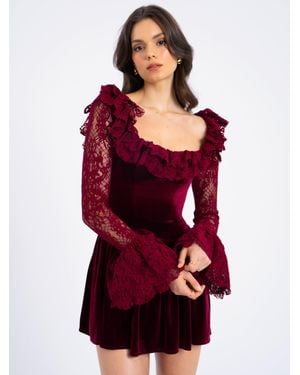 Miss Circle Yachira Burgundy Velvet Lace Flare Sleeve Mini Dress - Red